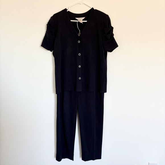 Exclusively Misook Knit Pant Set Ruched Sleeve Button Up Top Set Size M - Picture 1 of 10